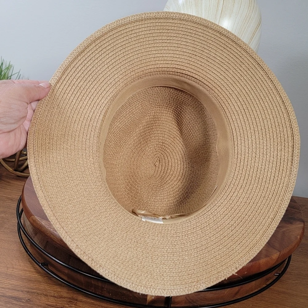 Summer Sun Hat Women's One Size Tan Fedora with Black Band Paper Straw Woven